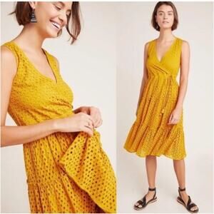 FRYE + Anthropologie Mustard Eyelet Tiered Nori Midi Dress Size M